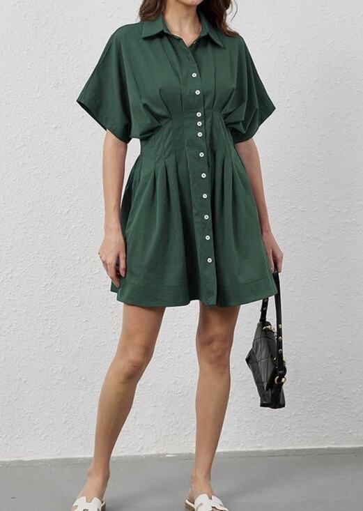 Senllen Dresses & Skirts - Senllen Womens XL Green Shirt Dress Button Short Sleeve Pockets Pleats Tobie